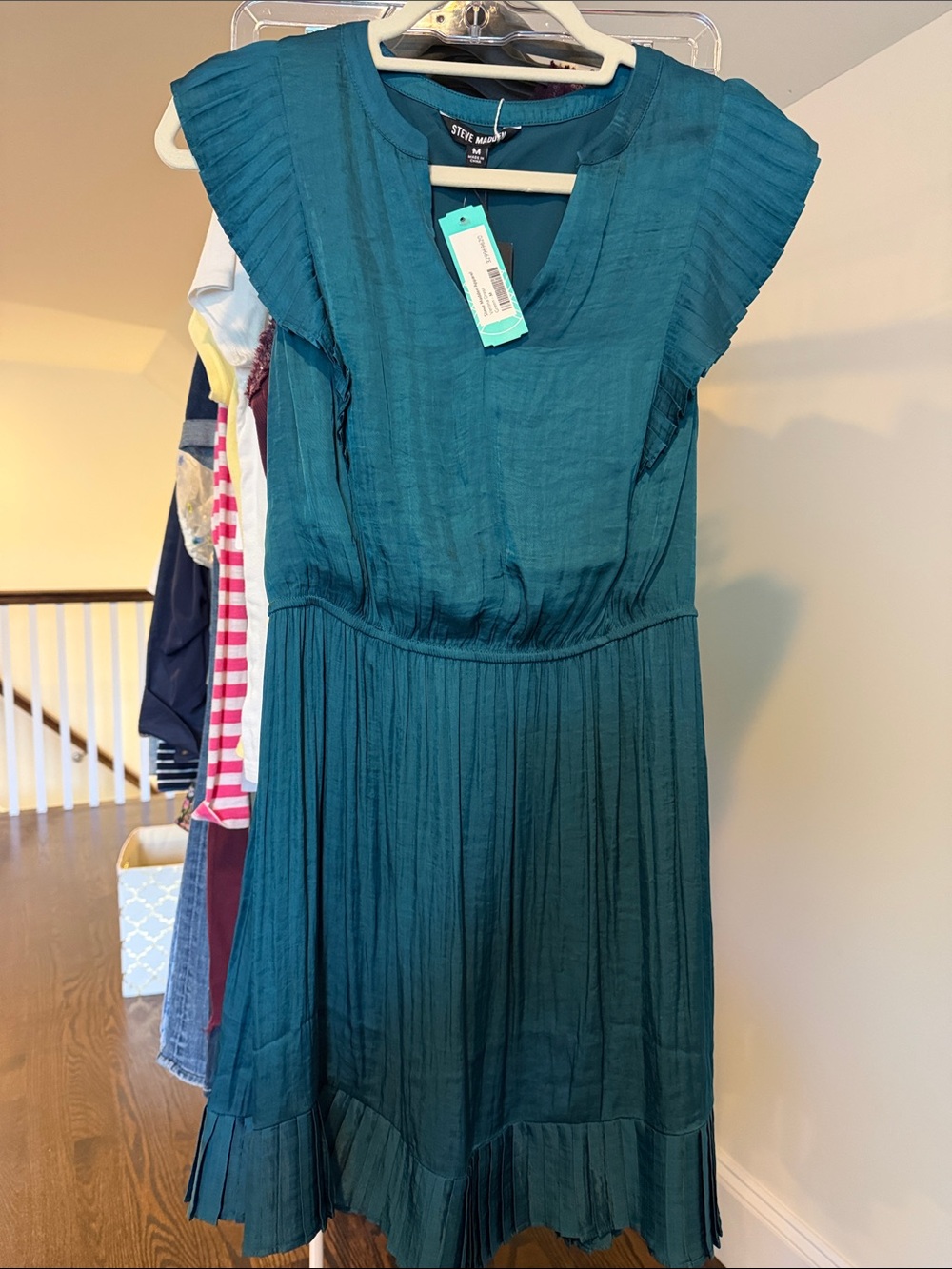 Steve Madden Verona Pleated Cap Sleeve Mini Dress in Teal NWT